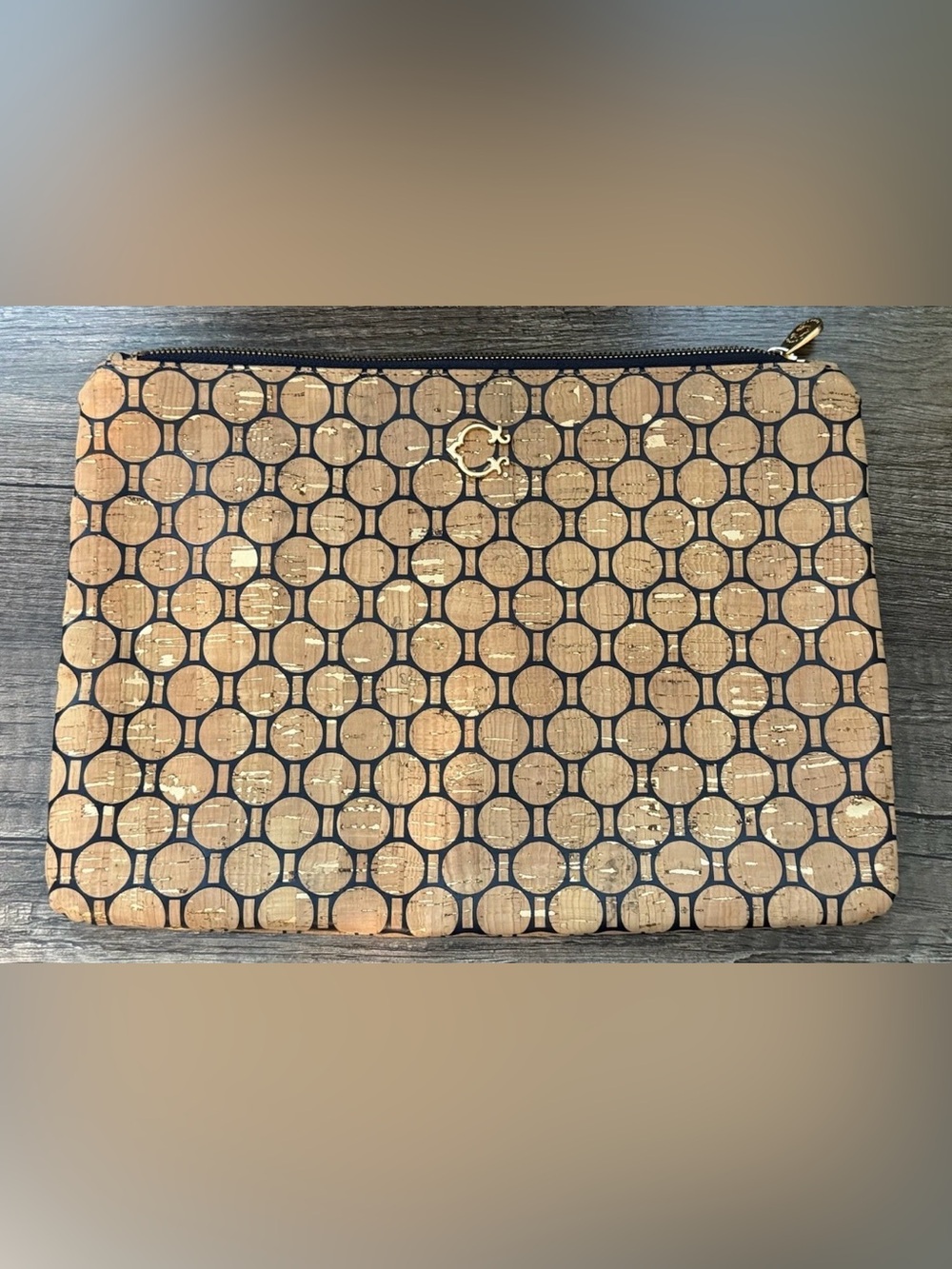 C. Wonder Gold and Navy Cork-Pattern Wristlet Clutch